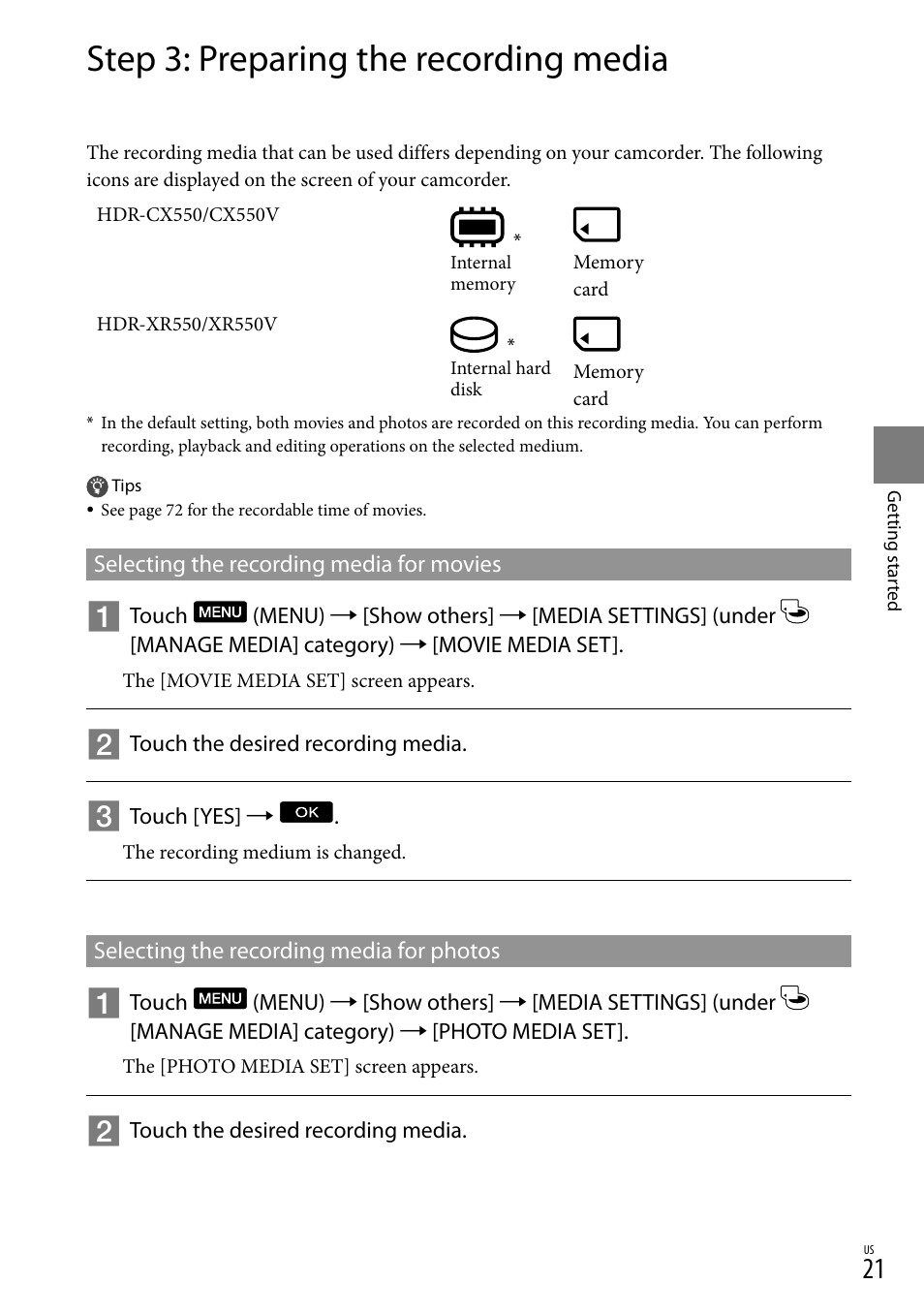 Step 3: preparing the recording media | Sony HDR-XR550V User Manual | Page 21 / 159
