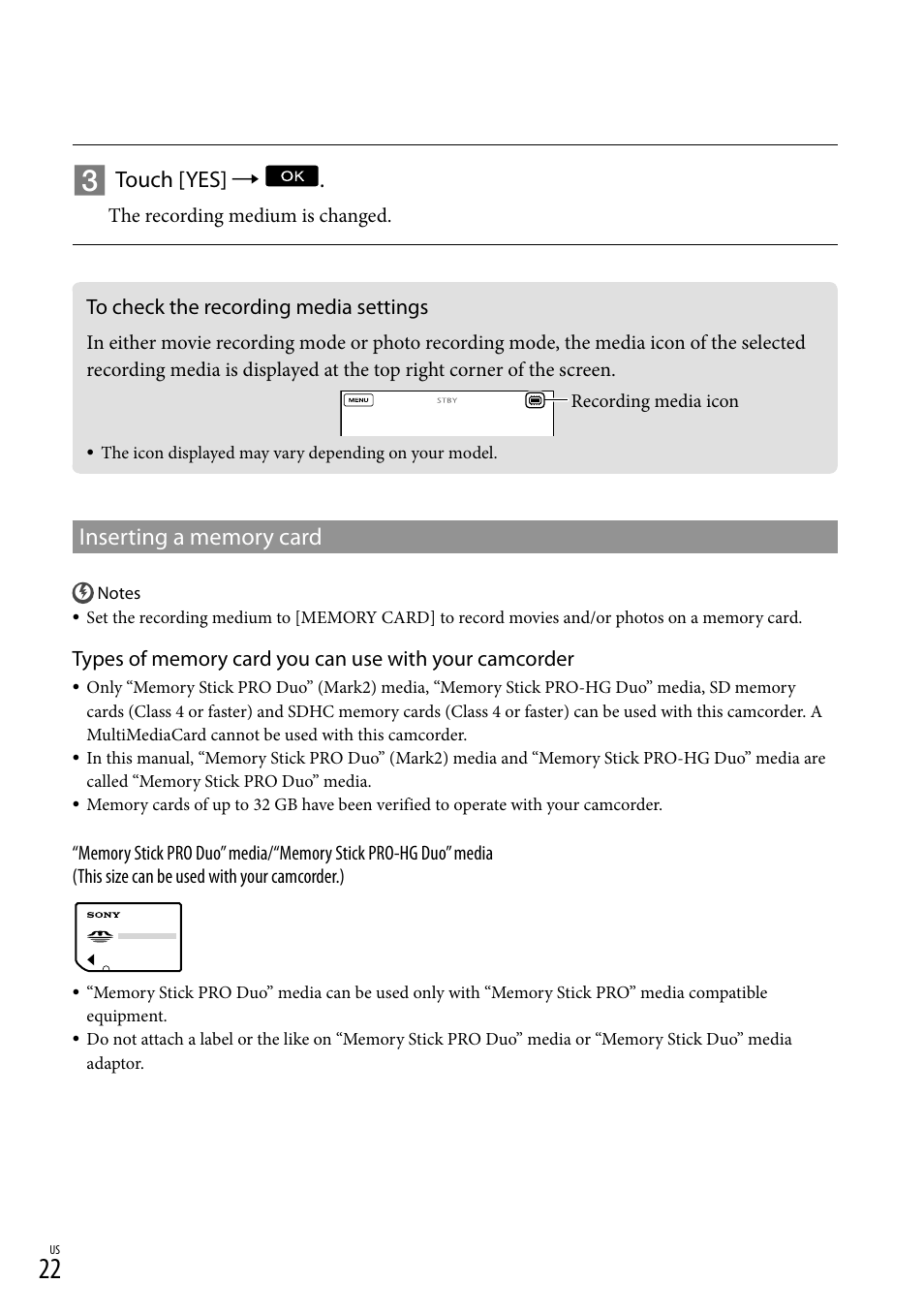 To check the recording media settings, Touch [yes | Sony HDR-XR550V User Manual | Page 22 / 159