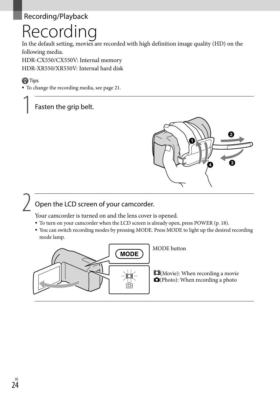 Recording/playback, Recording | Sony HDR-XR550V User Manual | Page 24 / 159