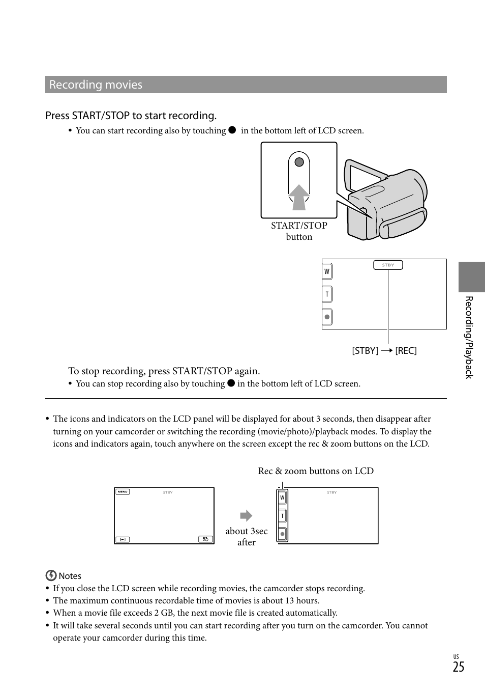 Recording movies, Press start/stop to start recording | Sony HDR-XR550V User Manual | Page 25 / 159