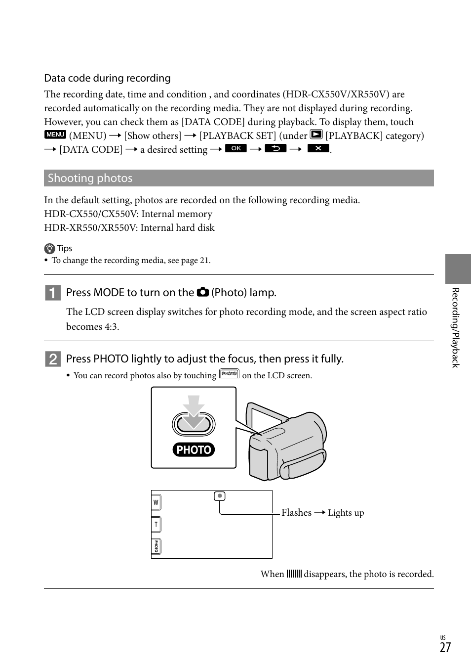 Shooting photos | Sony HDR-XR550V User Manual | Page 27 / 159