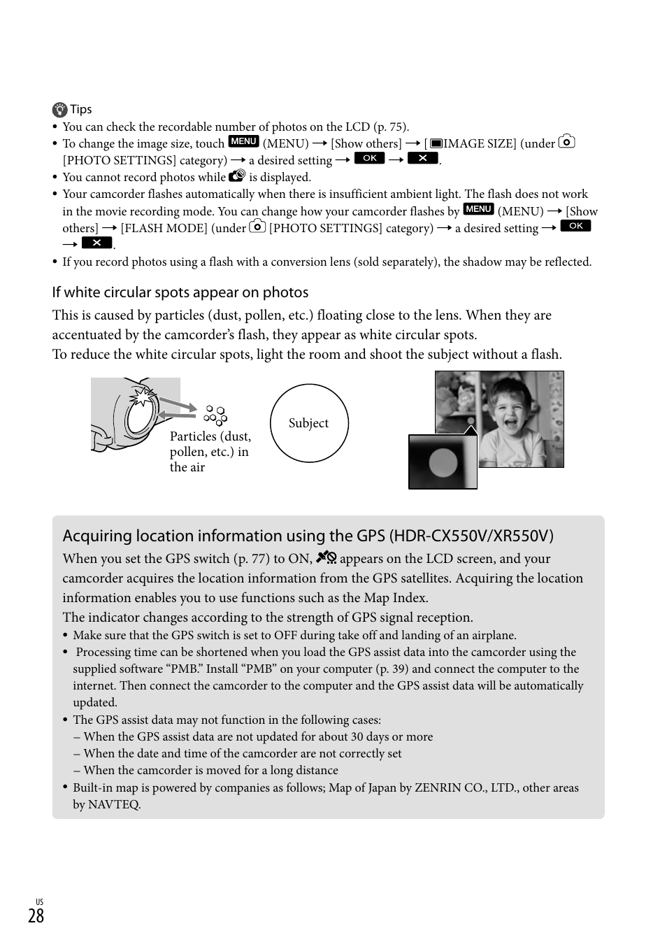 If white circular spots appear on photos | Sony HDR-XR550V User Manual | Page 28 / 159