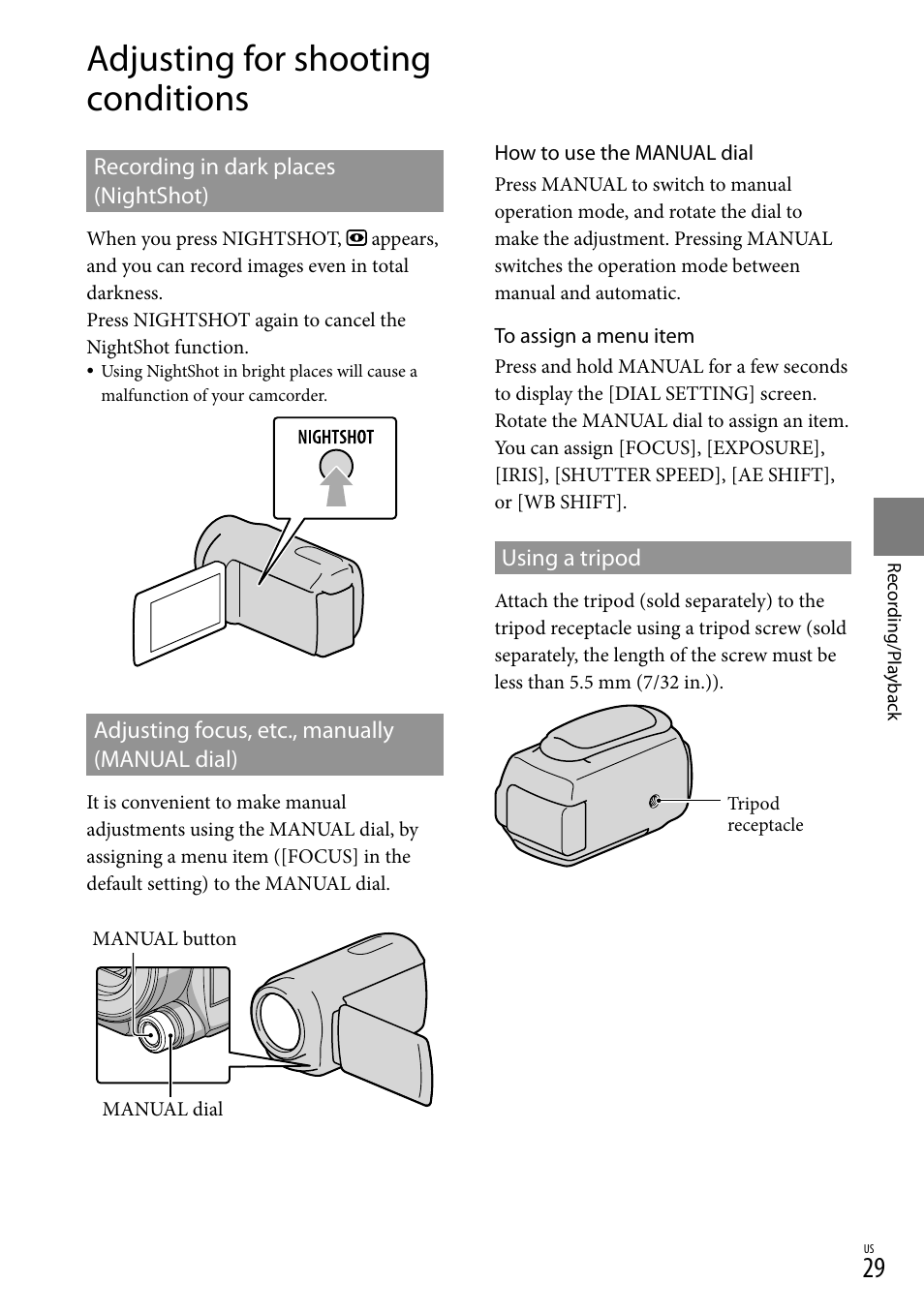 Adjusting for shooting conditions | Sony HDR-XR550V User Manual | Page 29 / 159