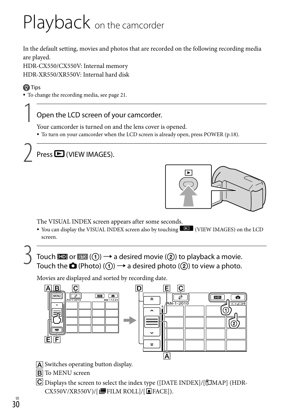 Playback on the camcorder, Playback, On the camcorder | Sony HDR-XR550V User Manual | Page 30 / 159