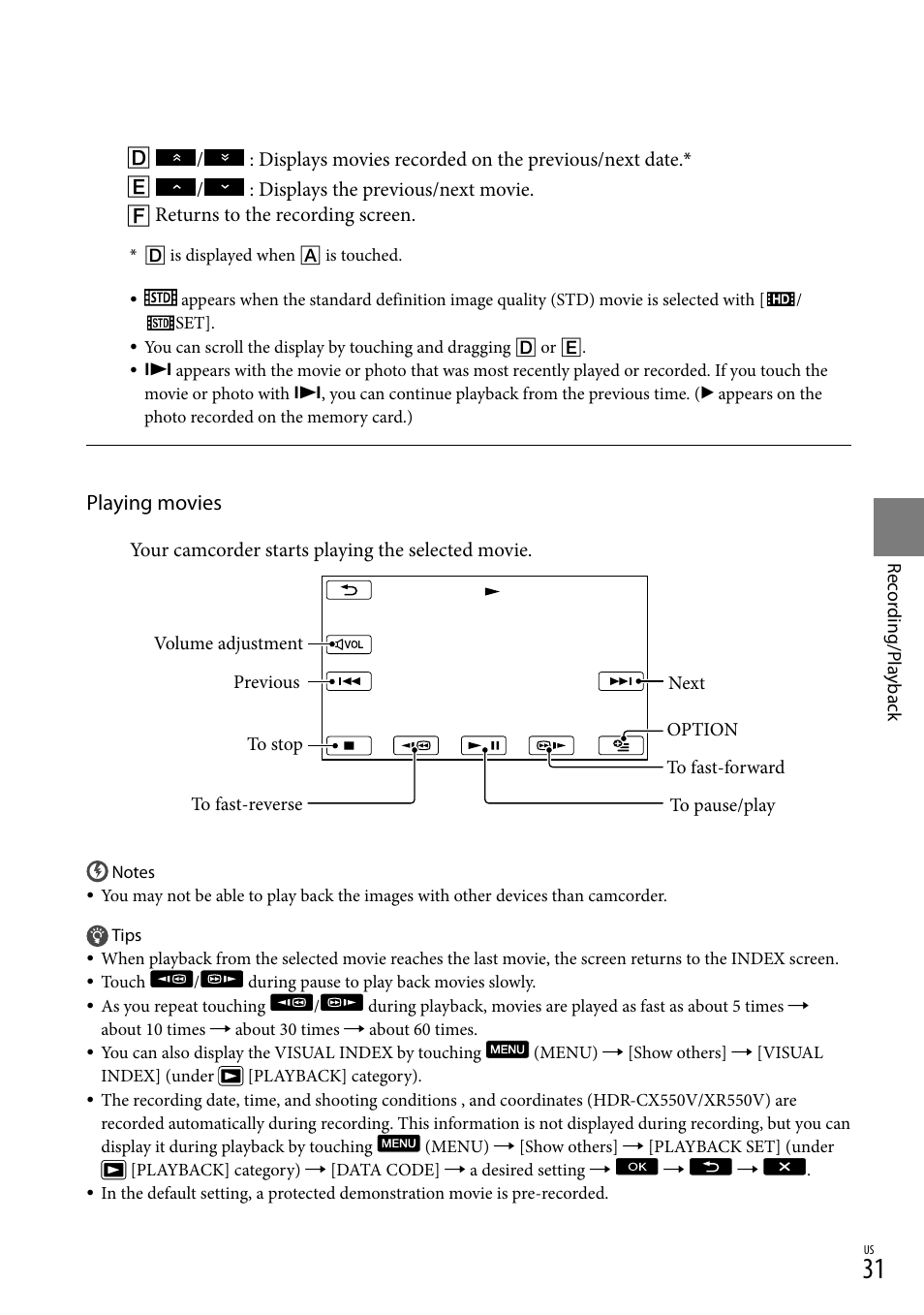Playing movies | Sony HDR-XR550V User Manual | Page 31 / 159