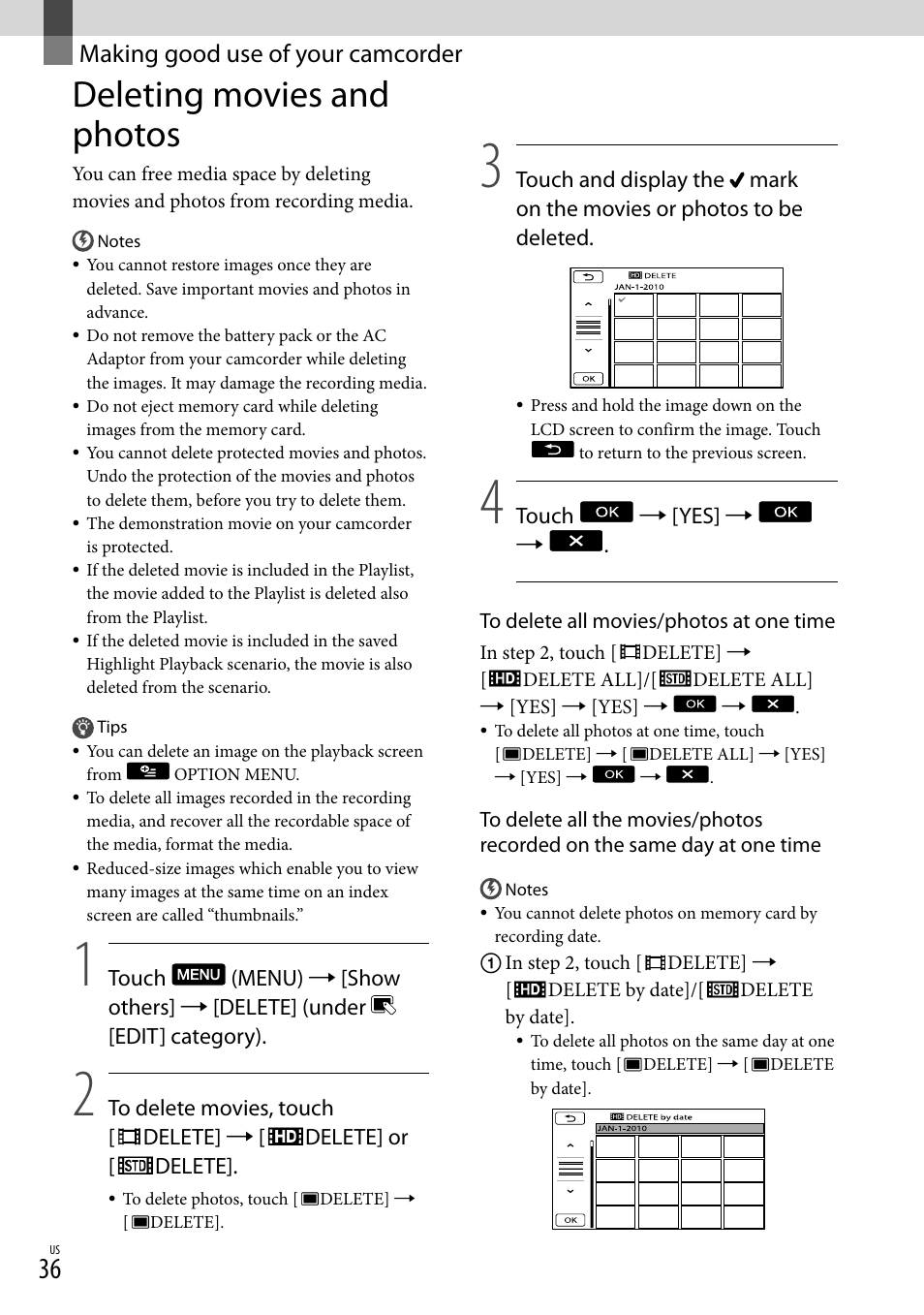 Making good use of your camcorder, Deleting movies and photos | Sony HDR-XR550V User Manual | Page 36 / 159