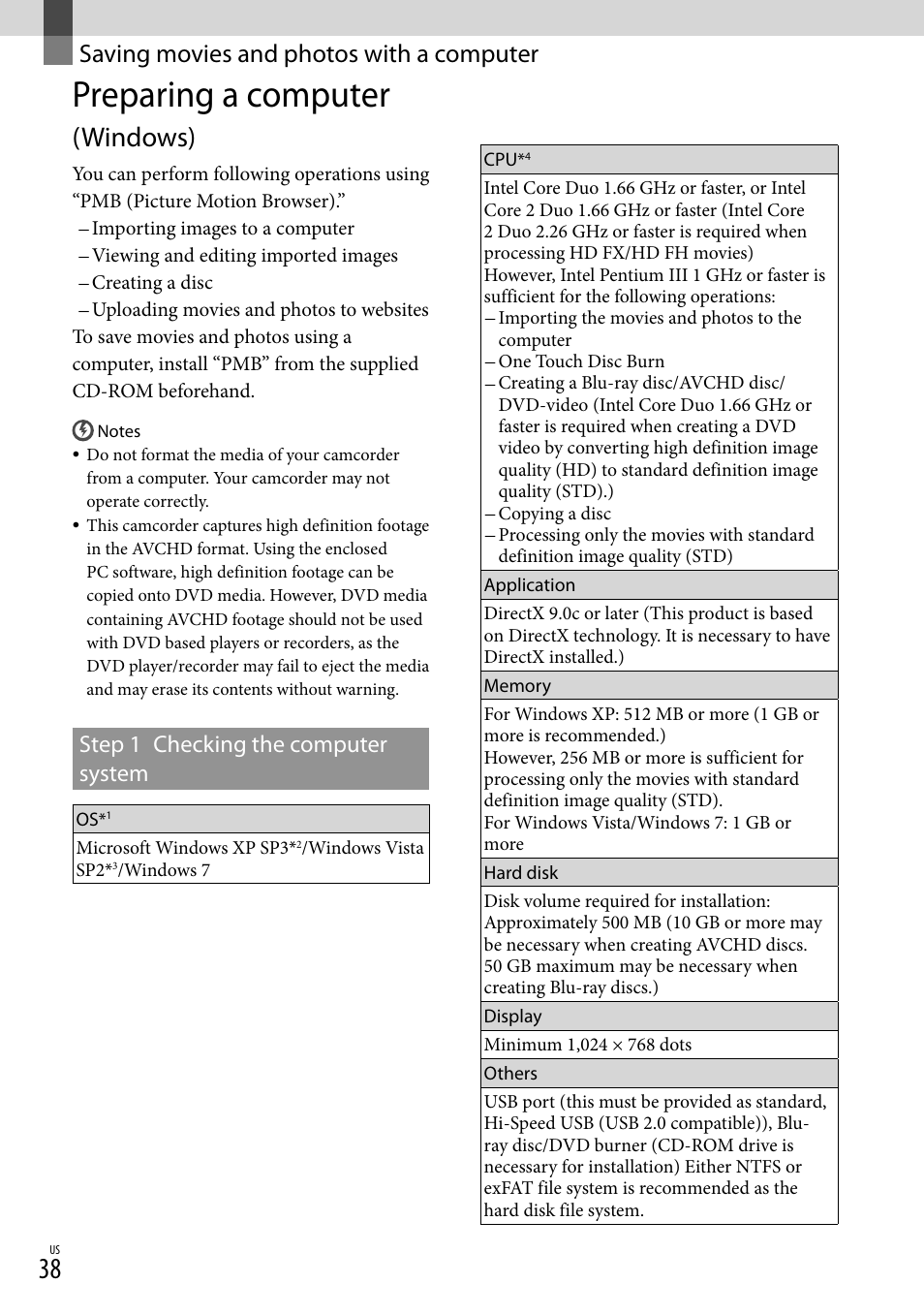 Saving movies and photos with a computer, Preparing a computer (windows), Preparing a computer | Windows), Step 1 checking the computer system | Sony HDR-XR550V User Manual | Page 38 / 159