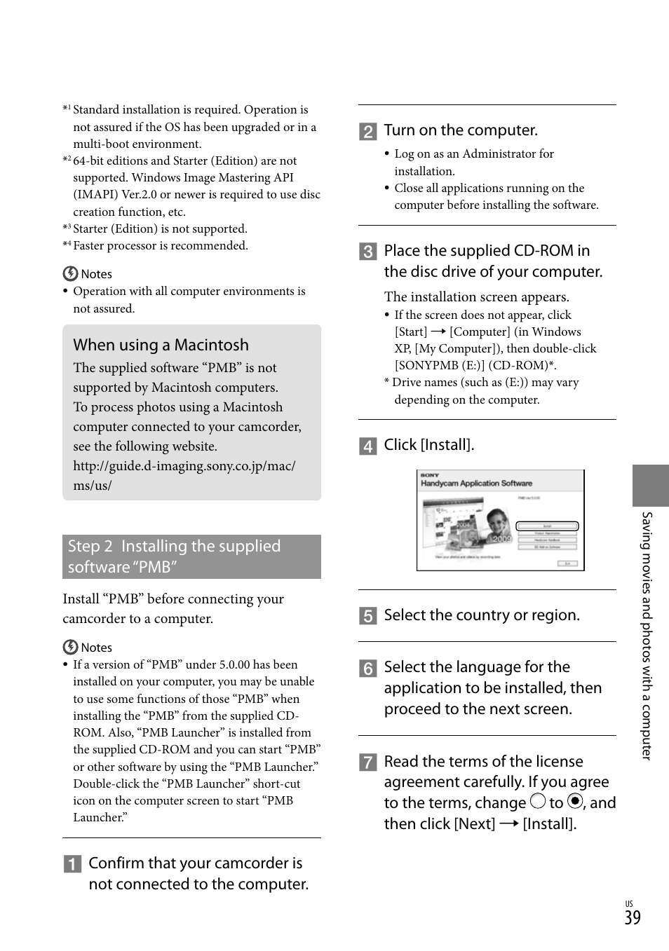 When using a macintosh, Step 2 installing the supplied software “pmb, Turn on the computer | Sony HDR-XR550V User Manual | Page 39 / 159