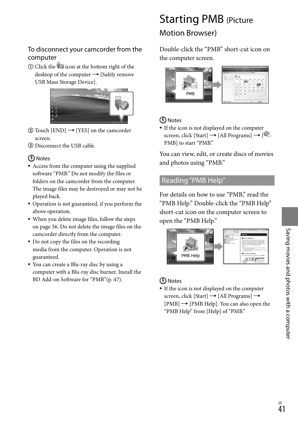 Starting pmb (picture motion browser), Starting pmb, Picture motion browser) | Reading “pmb help | Sony HDR-XR550V User Manual | Page 41 / 159