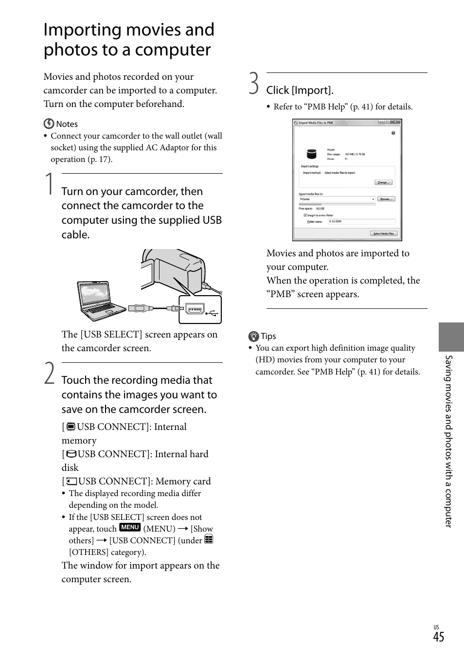 Importing movies and photos to a computer, 45), a | Sony HDR-XR550V User Manual | Page 45 / 159