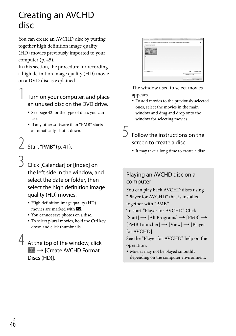 Creating an avchd disc, Playing an avchd disc on a computer | Sony HDR-XR550V User Manual | Page 46 / 159