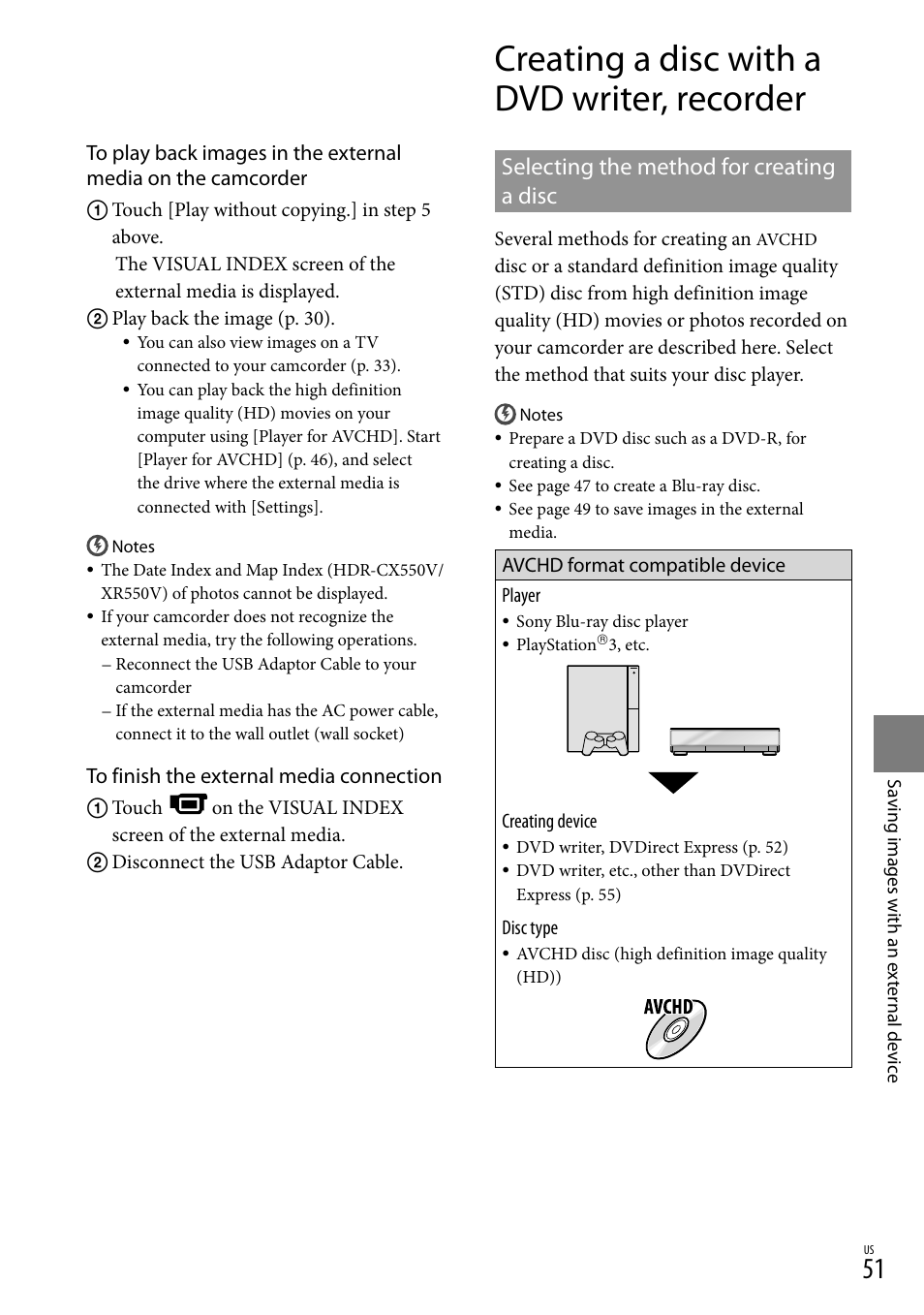 Creating a disc with a dvd writer, recorder, Selecting the method for creating a disc | Sony HDR-XR550V User Manual | Page 51 / 159