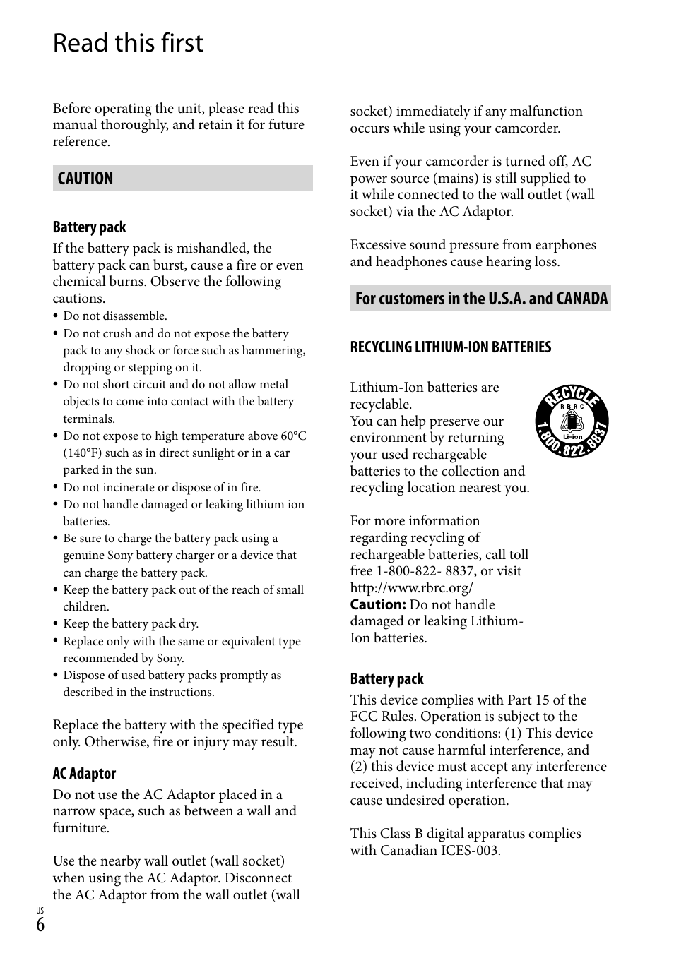 Read this first, Caution, For customers in the u.s.a. and canada | Sony HDR-XR550V User Manual | Page 6 / 159