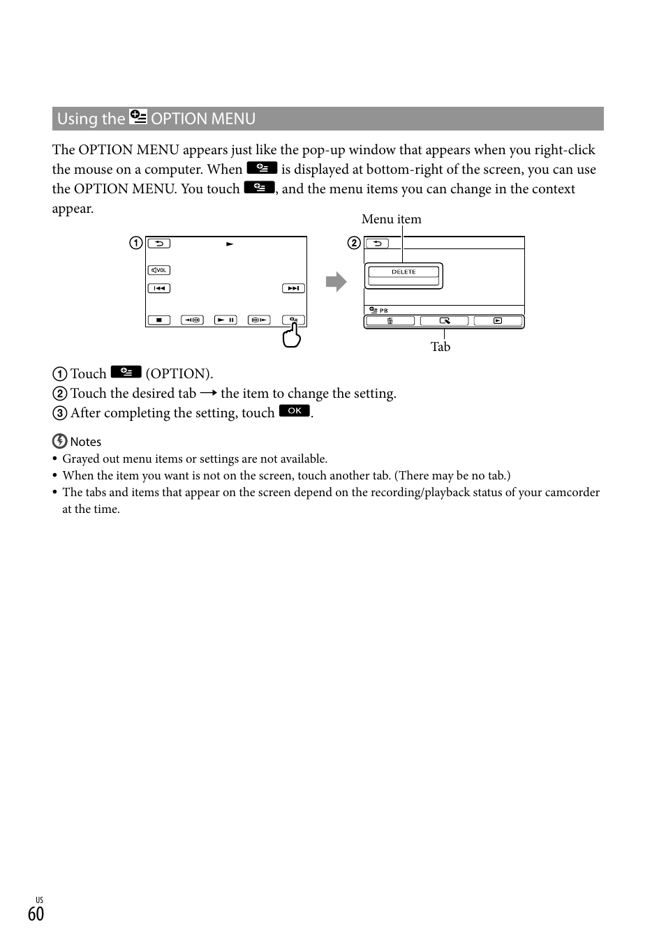 Using the option menu | Sony HDR-XR550V User Manual | Page 60 / 159