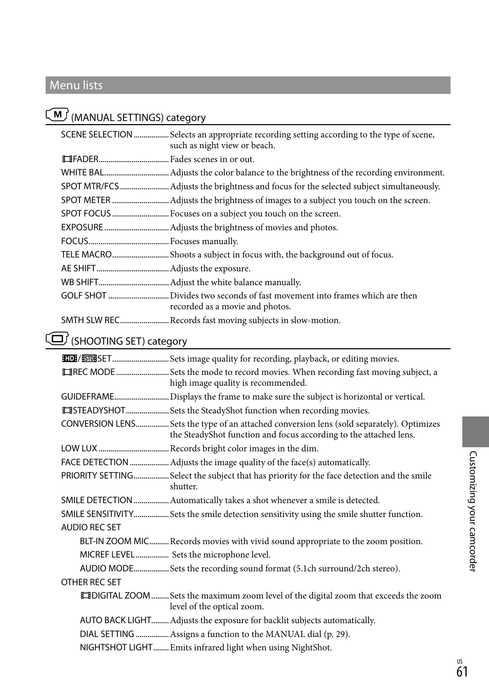 Menu lists | Sony HDR-XR550V User Manual | Page 61 / 159