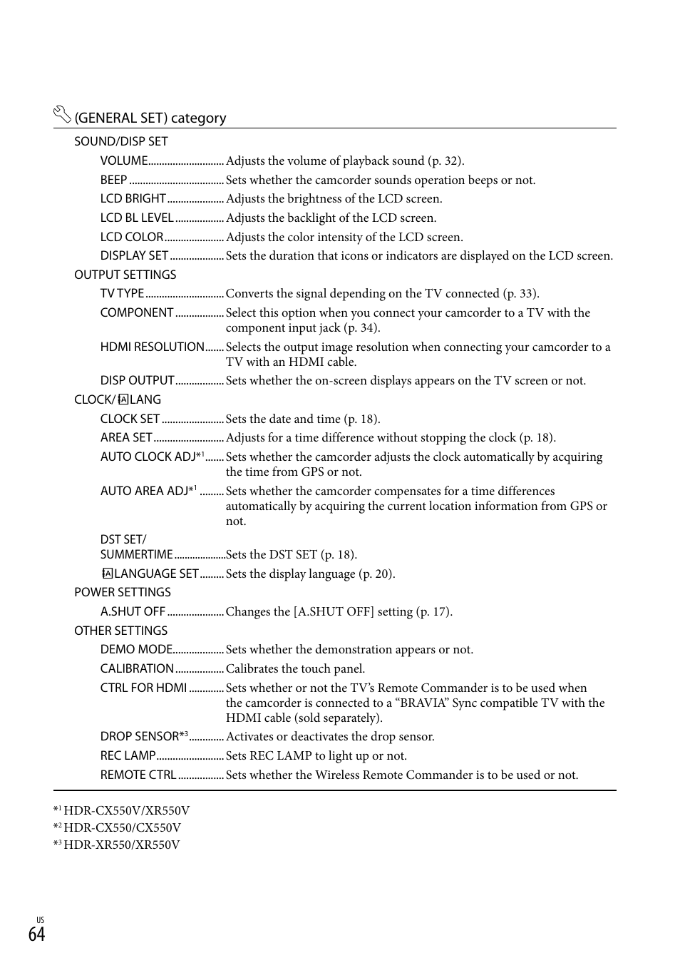 General set) category | Sony HDR-XR550V User Manual | Page 64 / 159