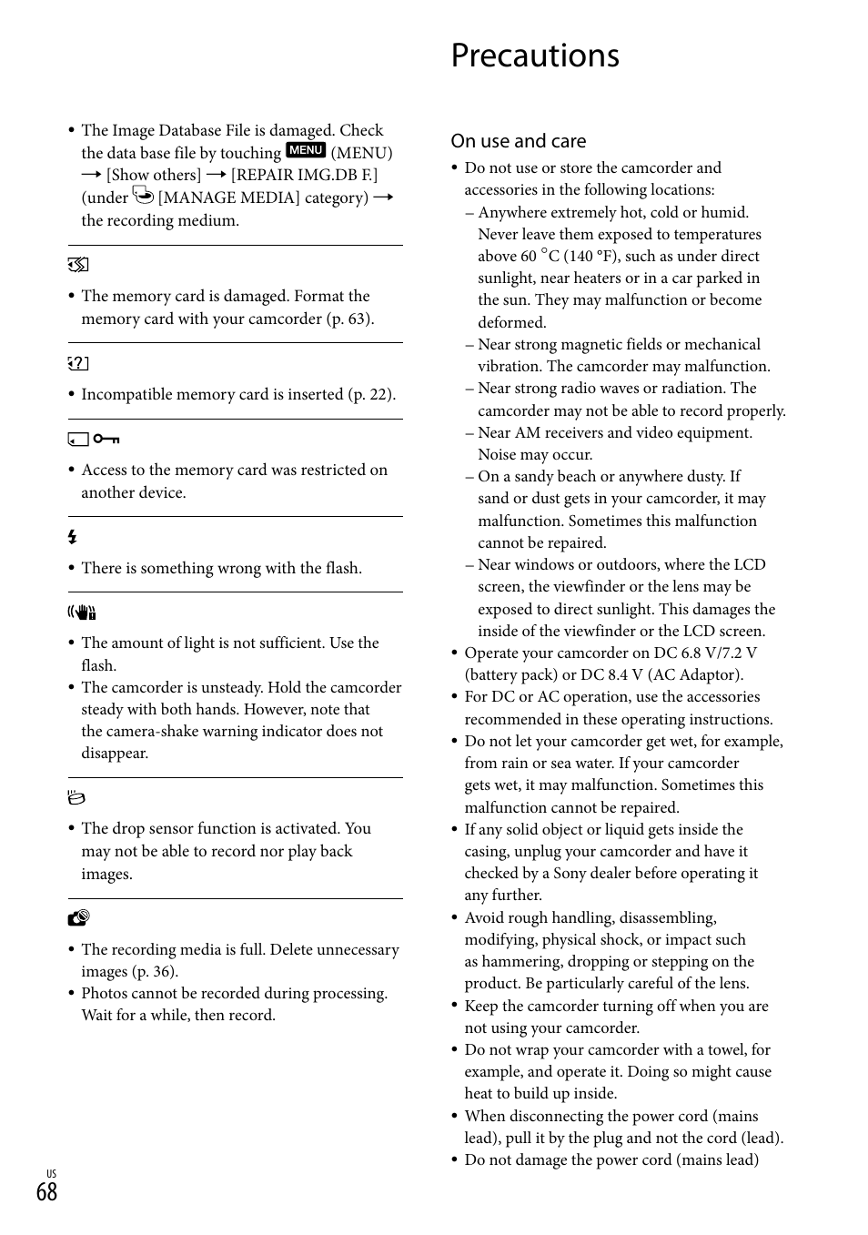 Precautions, O 68), and, On use and care | Sony HDR-XR550V User Manual | Page 68 / 159