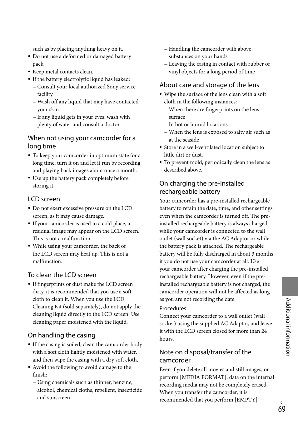 About care and storage of the lens, On charging the pre-installed rechargeable battery, When not using your camcorder for a long time | Lcd screen, On handling the casing | Sony HDR-XR550V User Manual | Page 69 / 159
