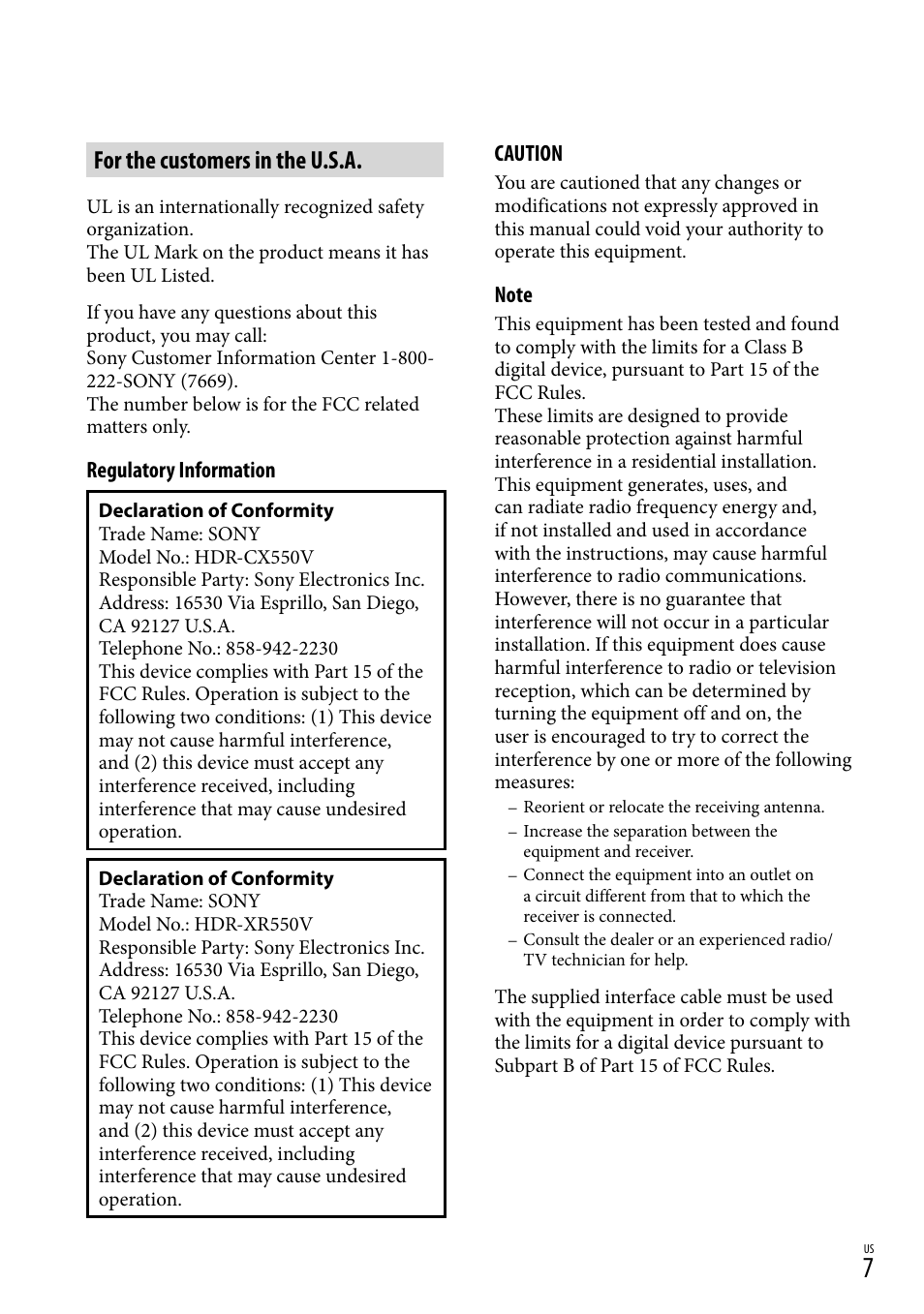For the customers in the u.s.a | Sony HDR-XR550V User Manual | Page 7 / 159