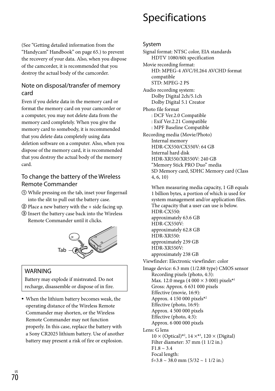 Specifications, Warning | Sony HDR-XR550V User Manual | Page 70 / 159