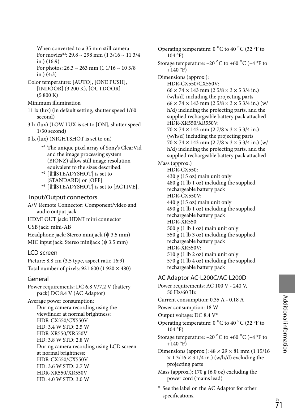 Input/output connectors, Lcd screen, General | Sony HDR-XR550V User Manual | Page 71 / 159