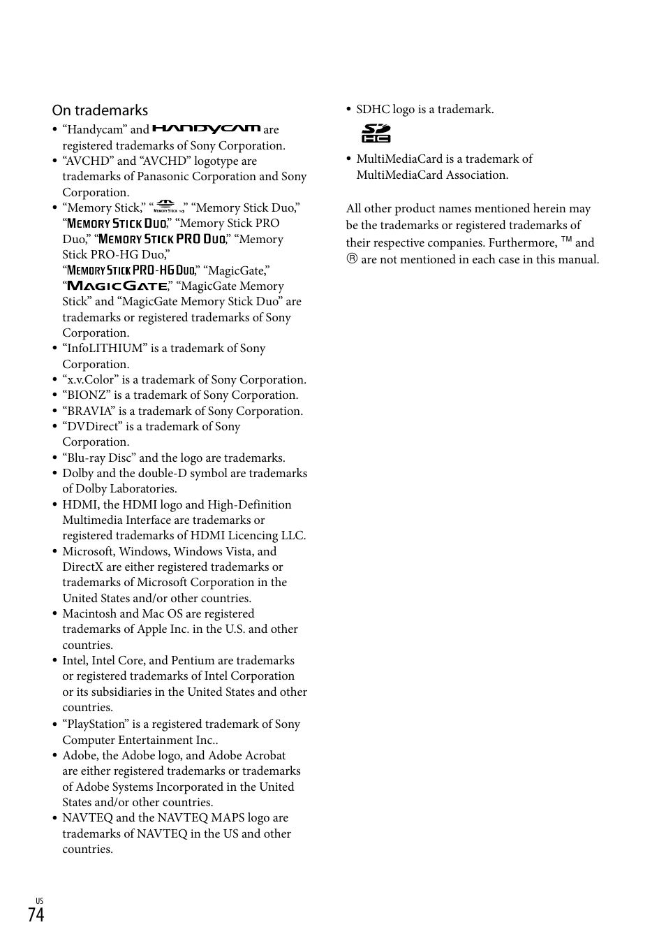 On trademarks | Sony HDR-XR550V User Manual | Page 74 / 159