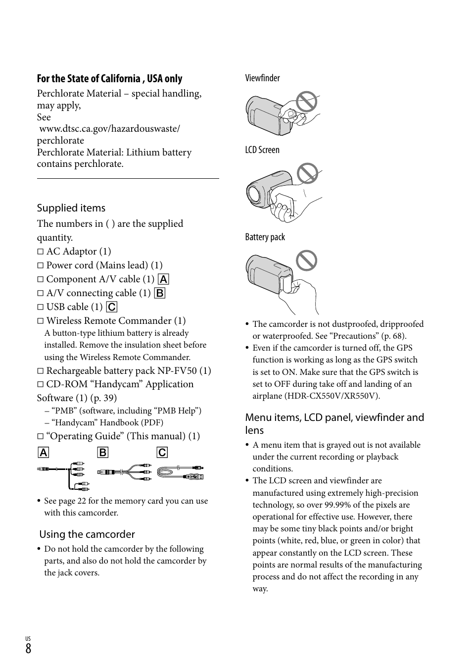 For the state of california , usa only, Supplied items, Using the camcorder | Menu items, lcd panel, viewfinder and lens | Sony HDR-XR550V User Manual | Page 8 / 159