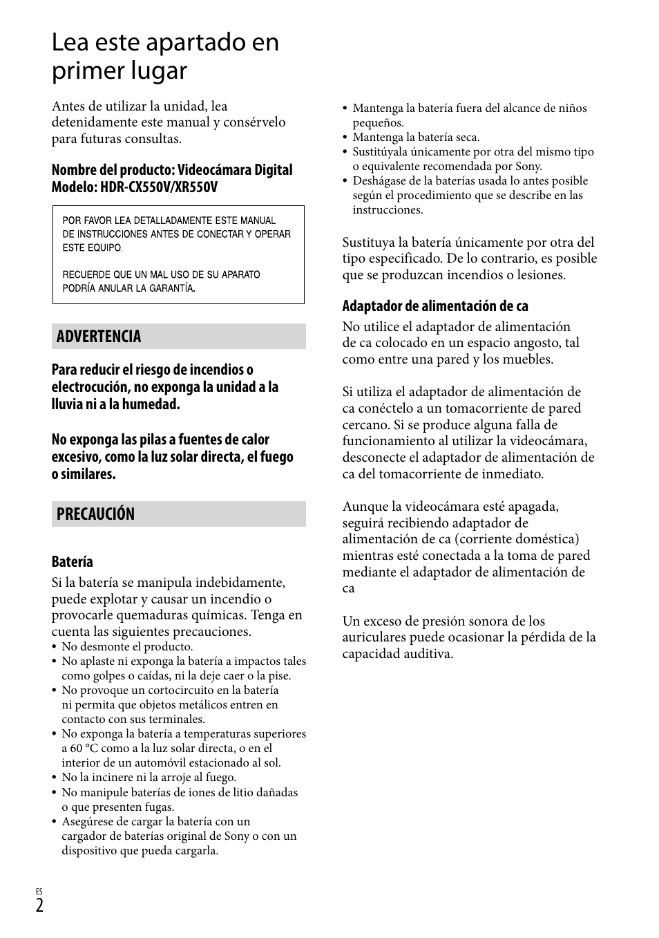 Lea este apartado en primer lugar, Advertencia, Precaución | Sony HDR-XR550V User Manual | Page 80 / 159