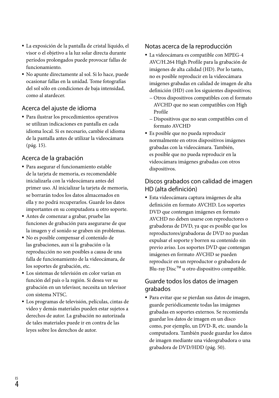 Acerca del ajuste de idioma, Acerca de la grabación, Notas acerca de la reproducción | Guarde todos los datos de imagen grabados | Sony HDR-XR550V User Manual | Page 82 / 159