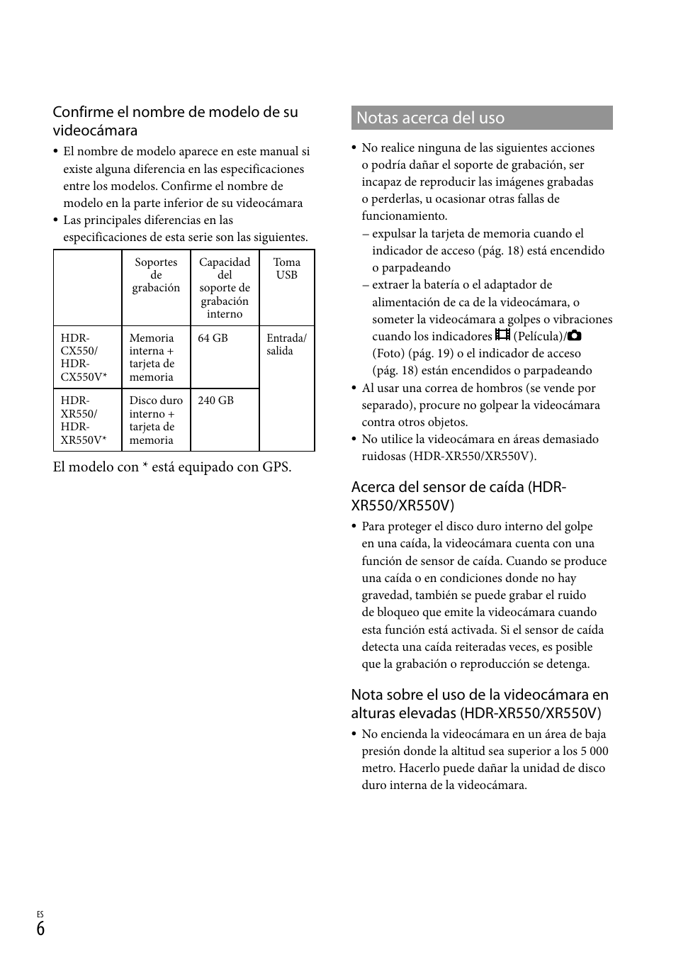 Notas acerca del uso, Confirme el nombre de modelo de su videocámara | Sony HDR-XR550V User Manual | Page 84 / 159