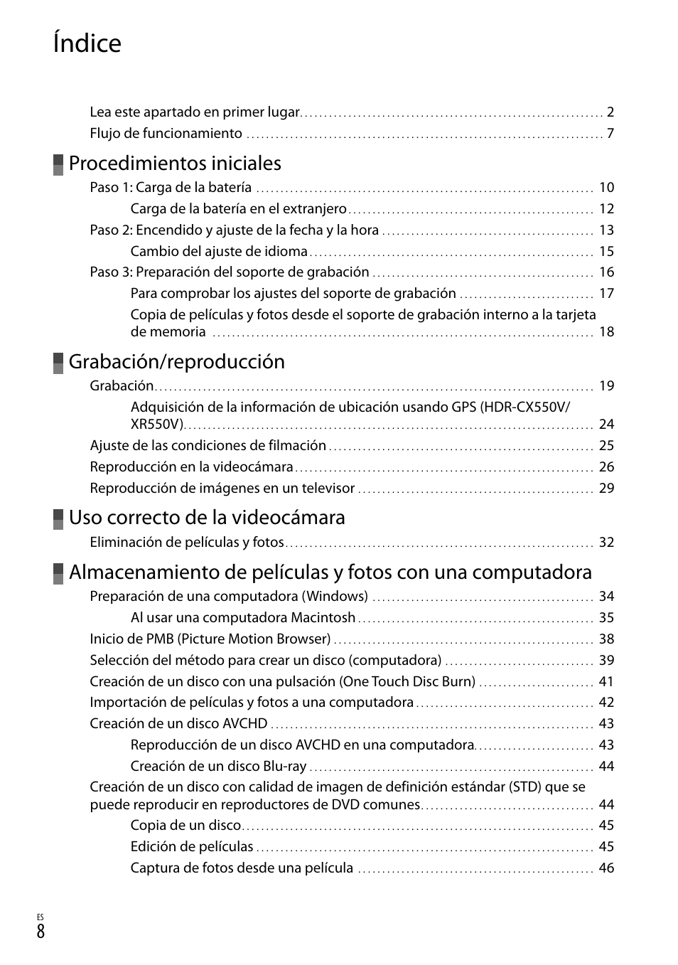 Índice, Procedimientos iniciales, Grabación/reproducción | Uso correcto de la videocámara | Sony HDR-XR550V User Manual | Page 86 / 159