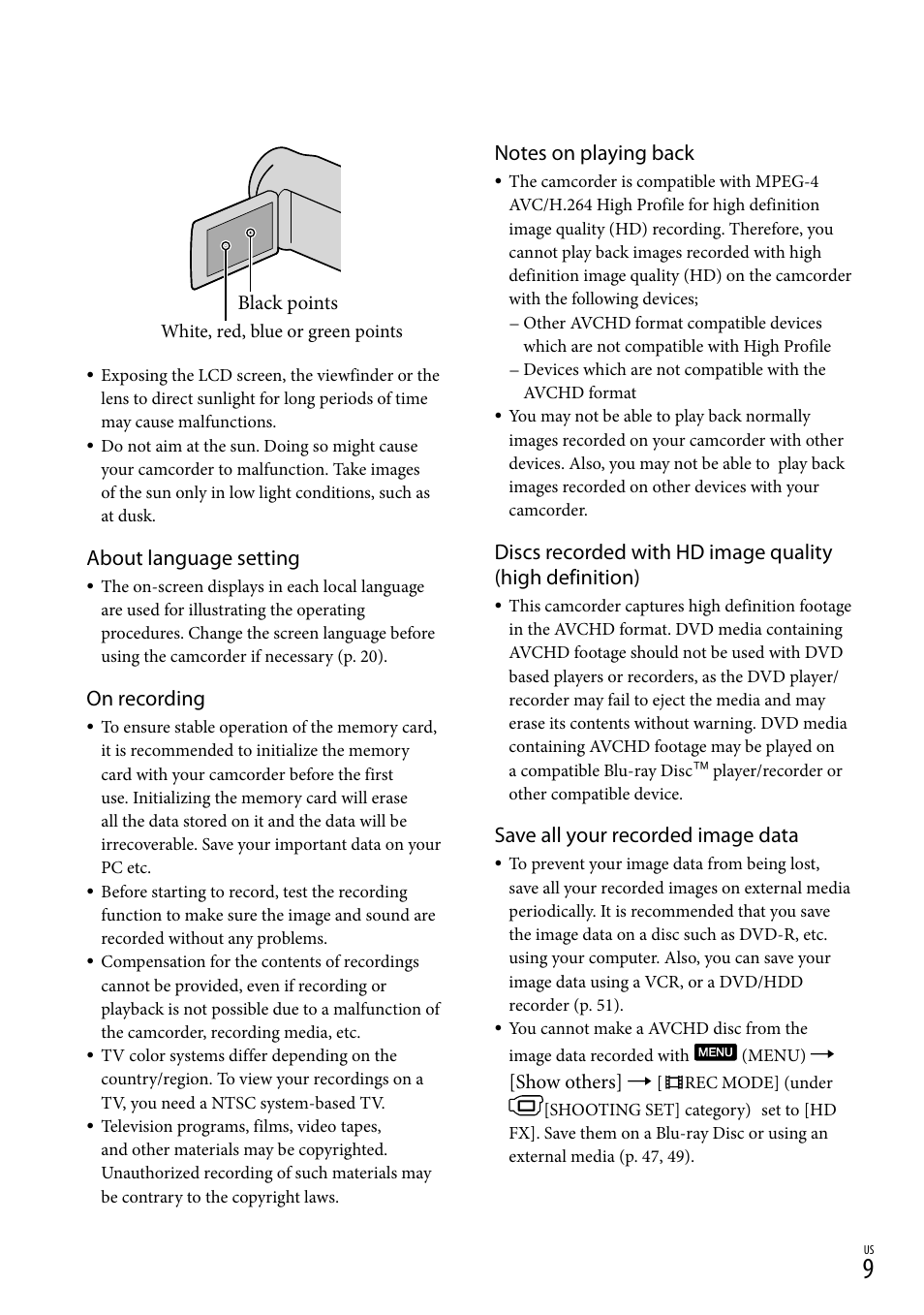 About language setting, On recording, Save all your recorded image data | Sony HDR-XR550V User Manual | Page 9 / 159