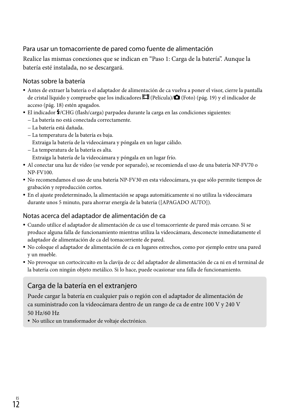 Carga de la batería en el extranjero, Notas sobre la batería, Notas acerca del adaptador de alimentación de ca | Sony HDR-XR550V User Manual | Page 90 / 159