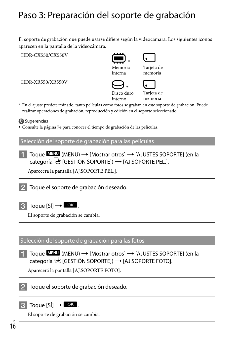 Paso 3: preparación del soporte de grabación | Sony HDR-XR550V User Manual | Page 94 / 159