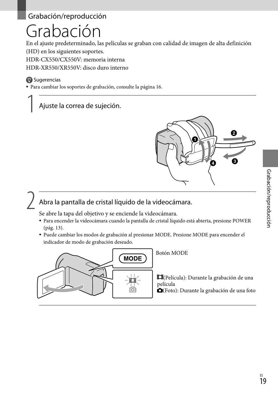 Grabación/reproducción, Grabación | Sony HDR-XR550V User Manual | Page 97 / 159