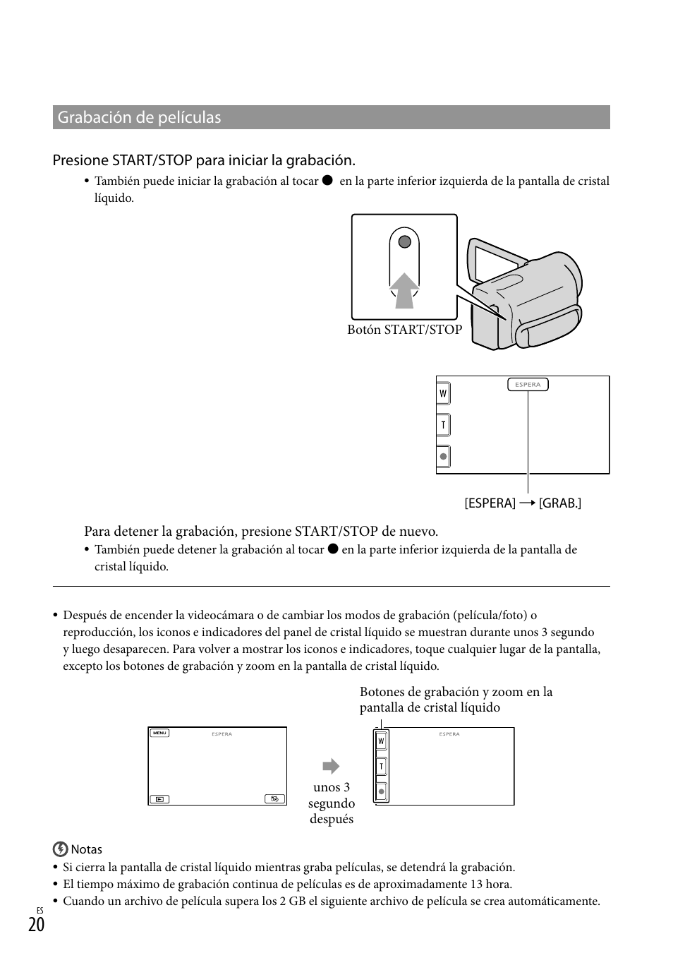 Grabación de películas, Presione start/stop para iniciar la grabación | Sony HDR-XR550V User Manual | Page 98 / 159