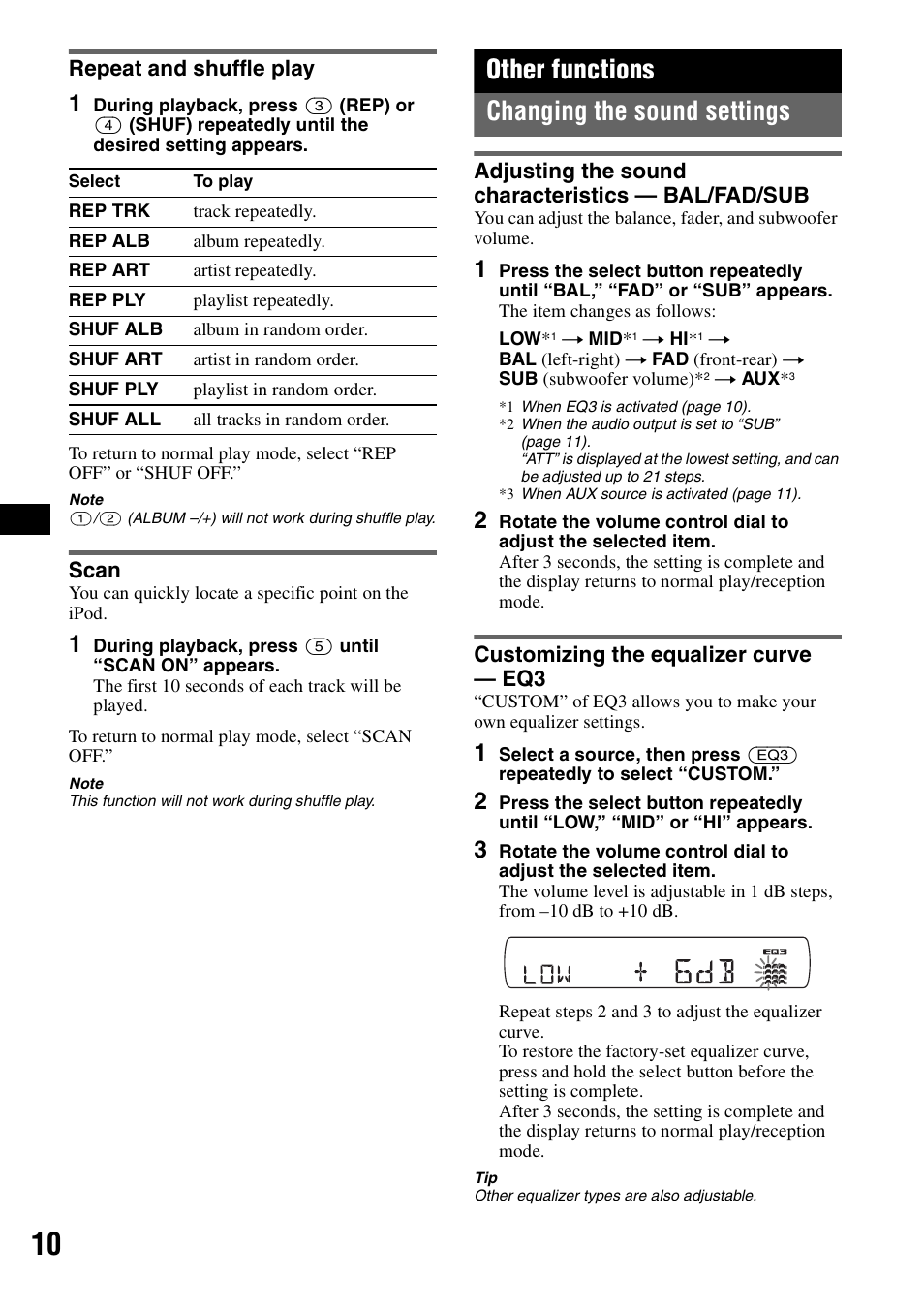 Repeat and shuffle play, Scan, Other functions | Changing the sound settings, Adjusting the sound characteristics - bal/fad/sub, Customizing the equalizer curve - eq3, Repeat and shuffle play scan, Other functions changing the sound settings | Sony CDX-GT42IPW User Manual | Page 10 / 36