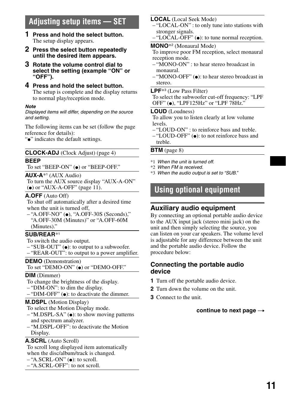 Adjusting setup items - set, Using optional equipment, Auxiliary audio equipment | Adjusting setup items — set | Sony CDX-GT42IPW User Manual | Page 11 / 36
