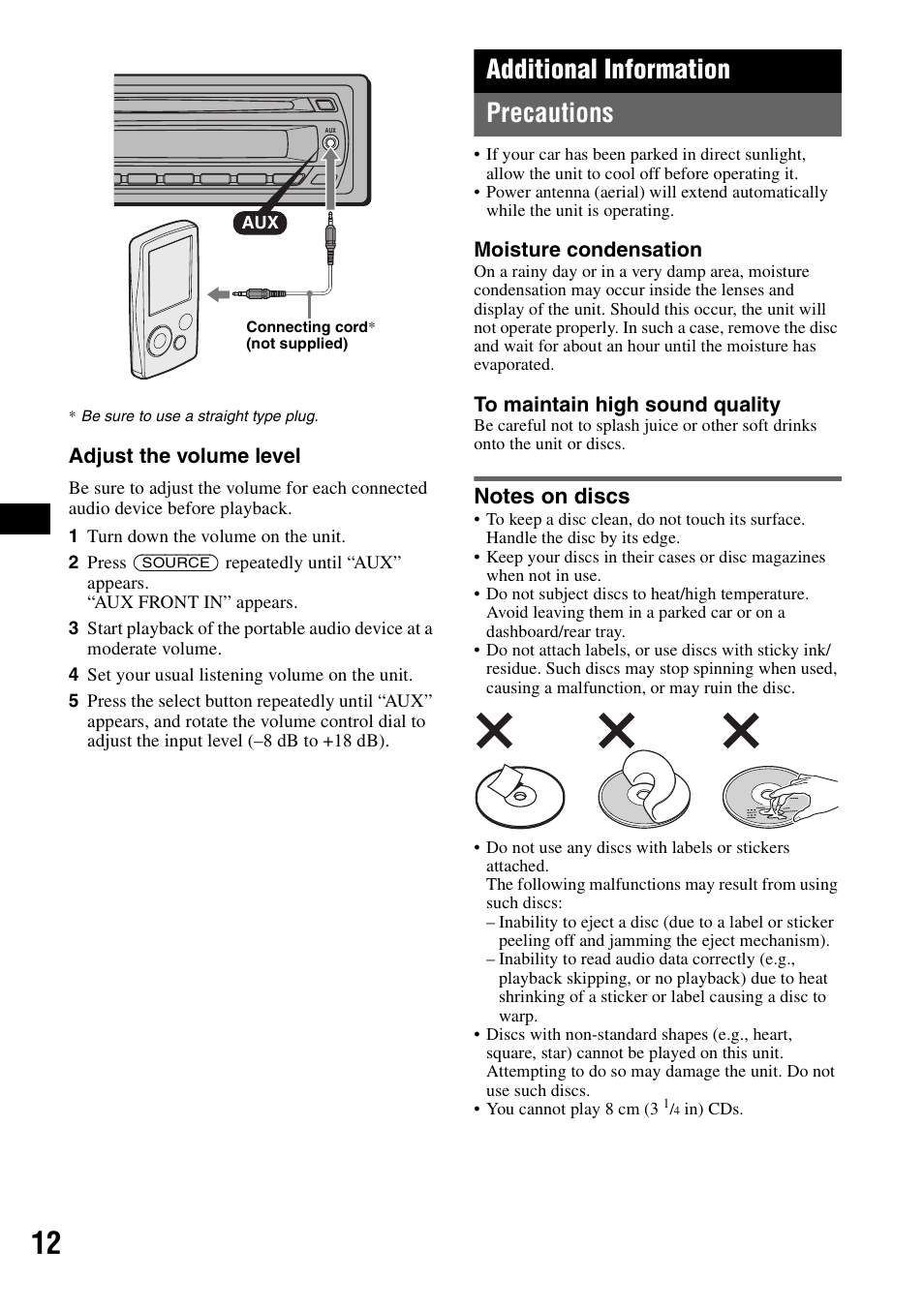 Additional information, Precautions, Notes on discs | Additional information precautions | Sony CDX-GT42IPW User Manual | Page 12 / 36