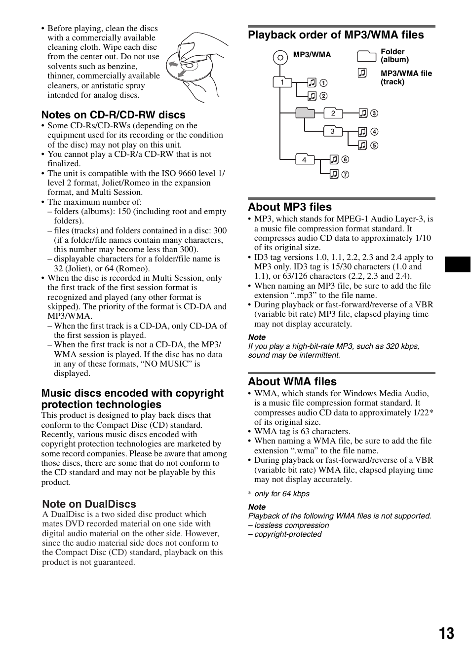 Playback order of mp3/wma files, About mp3 files, About wma files | Playback order of mp3/wma files about mp3 files | Sony CDX-GT42IPW User Manual | Page 13 / 36