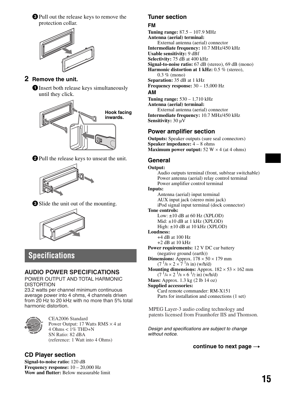 Specifications | Sony CDX-GT42IPW User Manual | Page 15 / 36