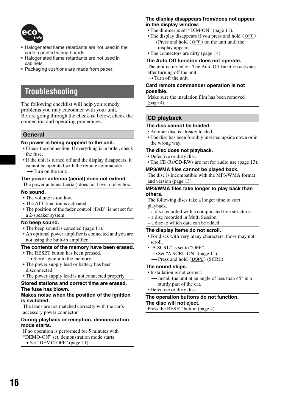 Troubleshooting | Sony CDX-GT42IPW User Manual | Page 16 / 36