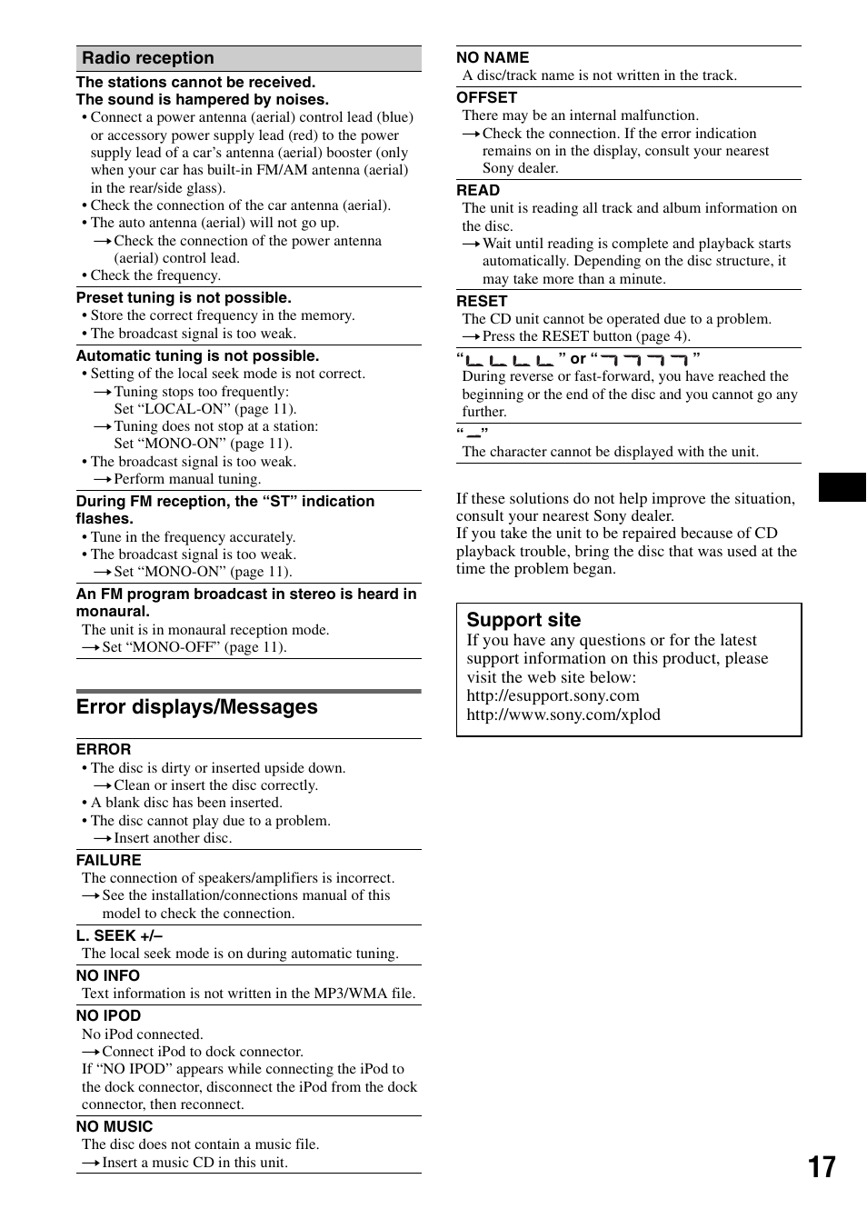Error displays/messages, Support site | Sony CDX-GT42IPW User Manual | Page 17 / 36
