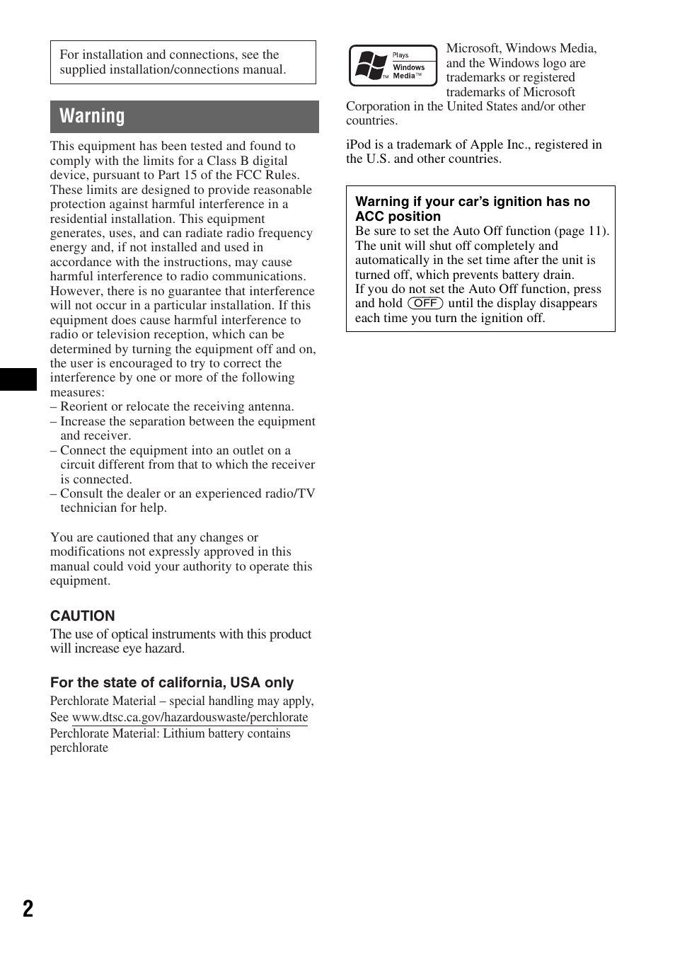 Warning | Sony CDX-GT42IPW User Manual | Page 2 / 36