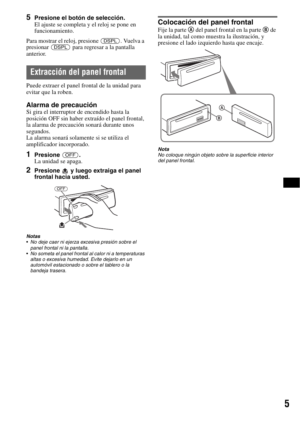 Extracción del panel frontal, Colocación del panel frontal | Sony CDX-GT42IPW User Manual | Page 21 / 36