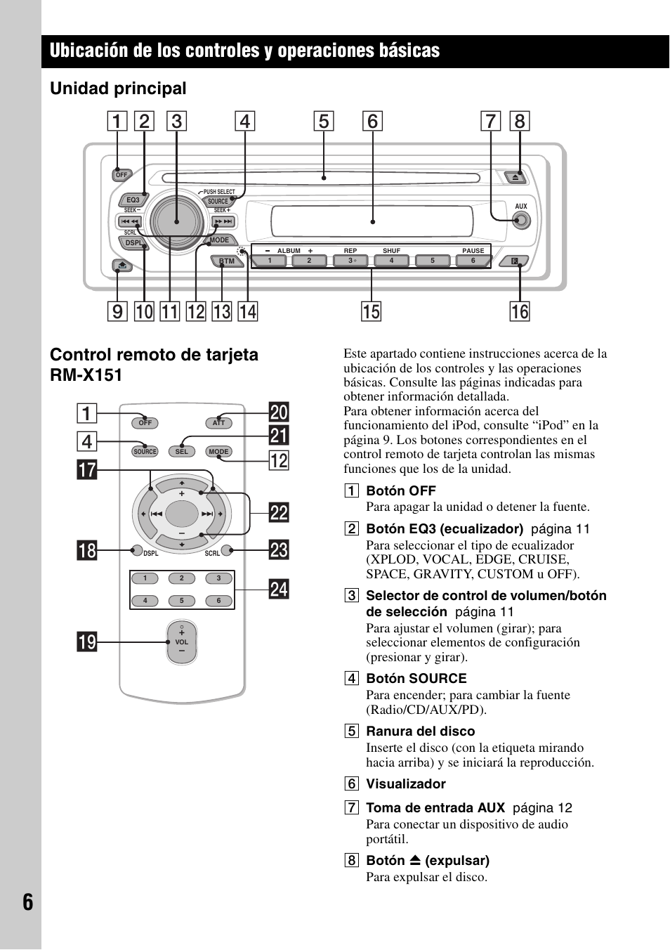 Ubicación de los controles y operaciones básicas, Unidad principal, Control remoto de tarjeta rm-x151 | Unidad principal control remoto de tarjeta rm-x151, 4wa qs 1 wd qj qk w; ql wf ws | Sony CDX-GT42IPW User Manual | Page 22 / 36
