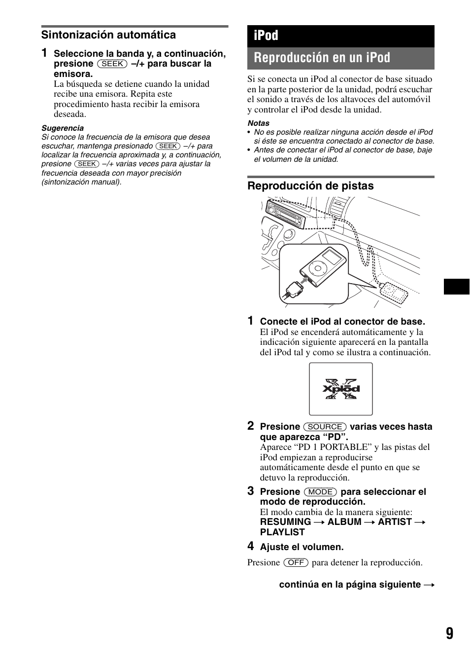 Sintonización automática, Ipod, Reproducción en un ipod | Reproducción de pistas, Ipod reproducción en un ipod | Sony CDX-GT42IPW User Manual | Page 25 / 36