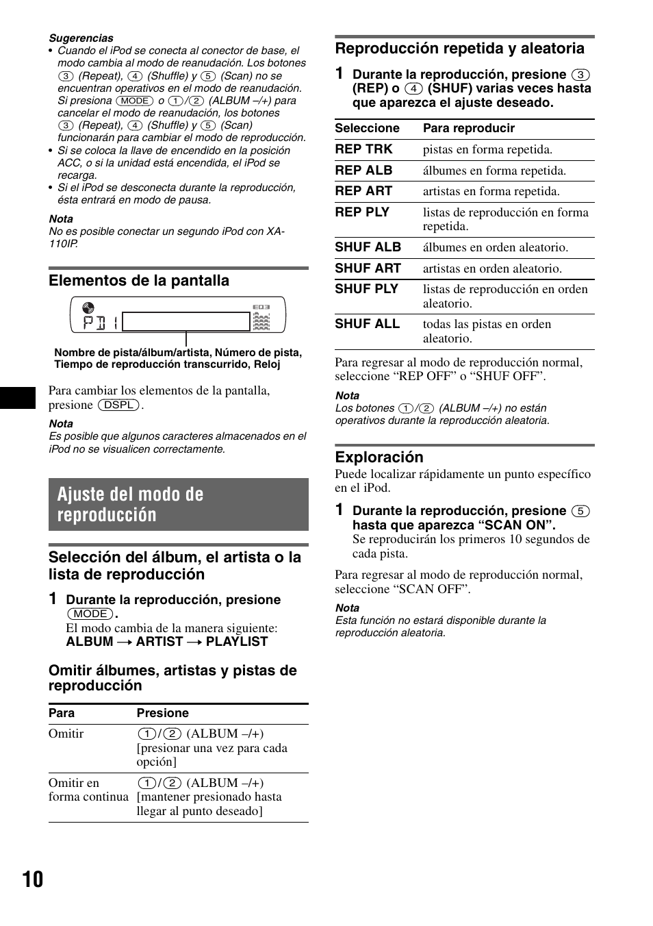 Elementos de la pantalla, Ajuste del modo de reproducción, Reproducción repetida y aleatoria | Exploración | Sony CDX-GT42IPW User Manual | Page 26 / 36