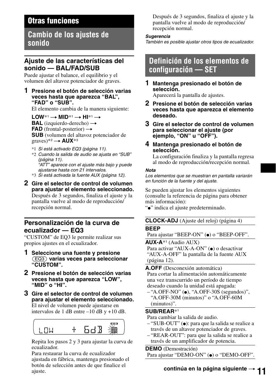 Otras funciones, Cambio de los ajustes de sonido, Personalización de la curva de ecualizador - eq3 | Definición de los elementos de configuración - set, Definición de los elementos de configuración — set, Otras funciones cambio de los ajustes de sonido, Personalización de la curva de ecualizador — eq3 | Sony CDX-GT42IPW User Manual | Page 27 / 36