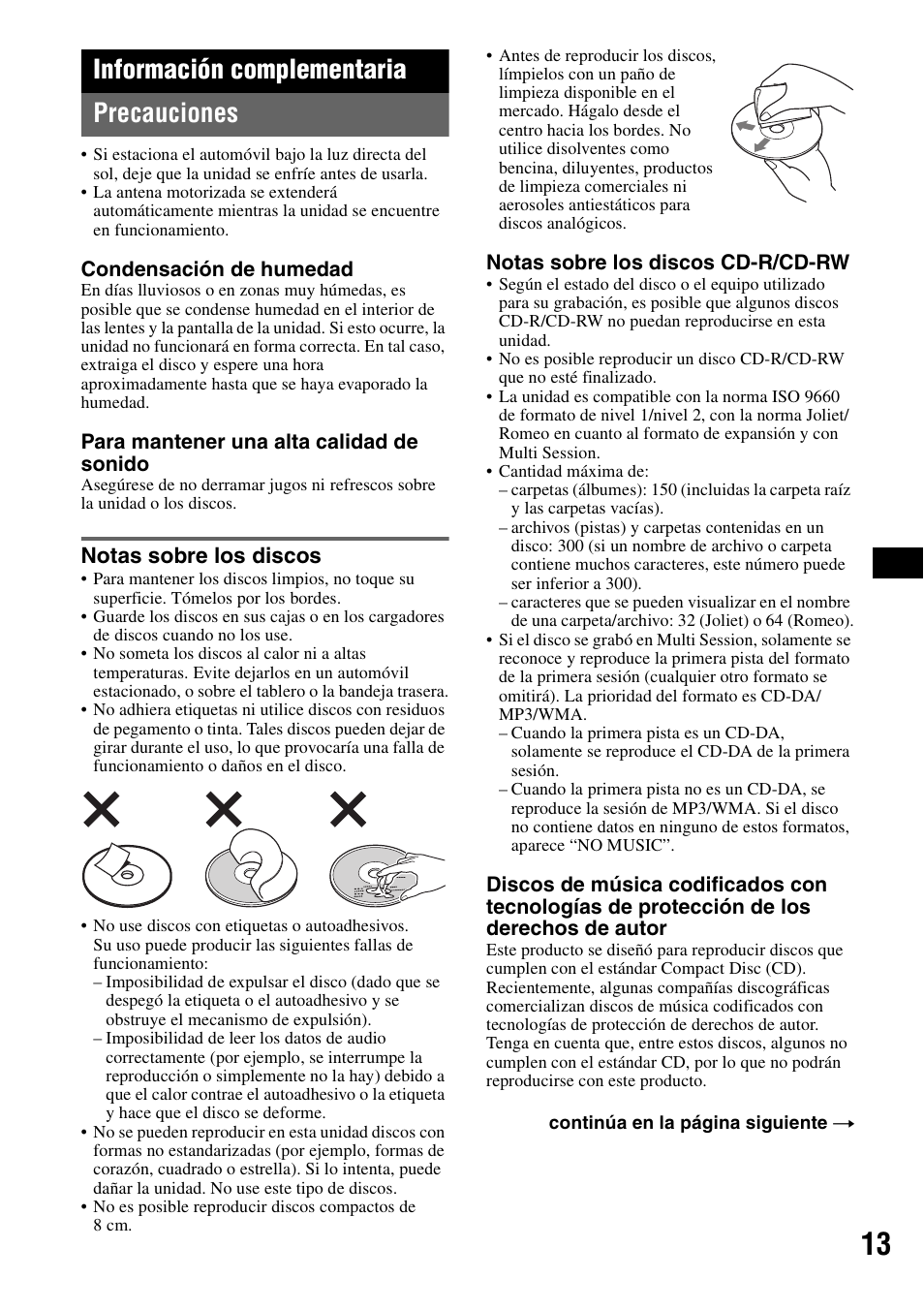 Información complementaria, Precauciones, Notas sobre los discos | Información complementaria precauciones | Sony CDX-GT42IPW User Manual | Page 29 / 36